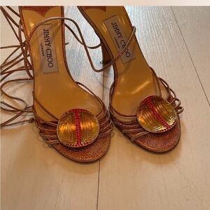 Vintage Jimmy Choo Gold and Red Embellished Heels
